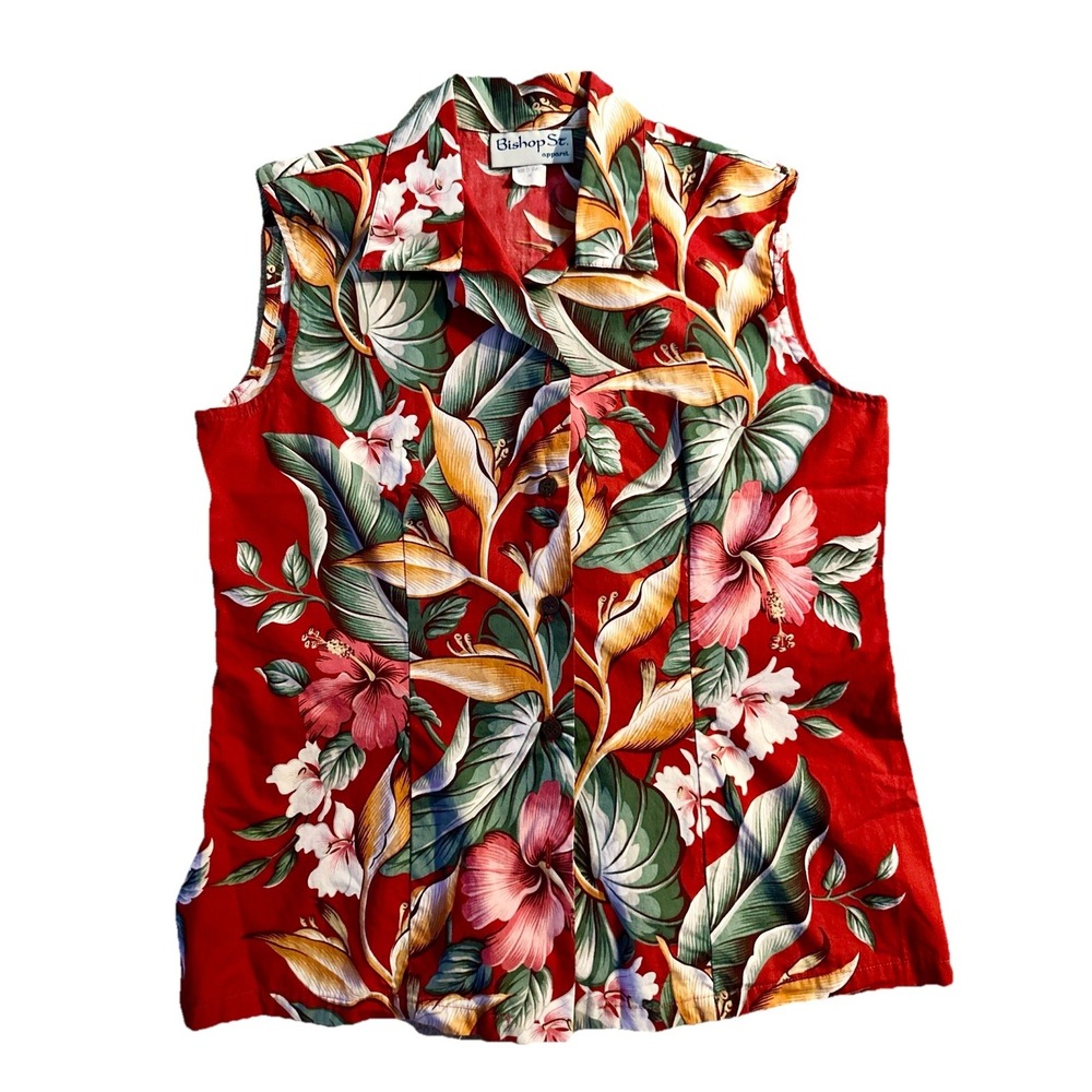 Bishop Street Apparel Hawaiian 100% Cotton Button Down Sleeveless Shirt M Floral